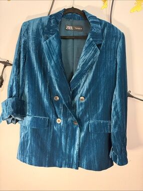 ZARA Teal Blue Velvet Double-Breasted Blazer Limited Edition